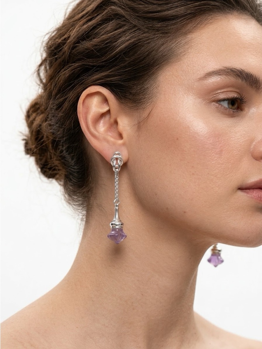 Sterling Silver Purple Carved Amethyst Drop Earrings
